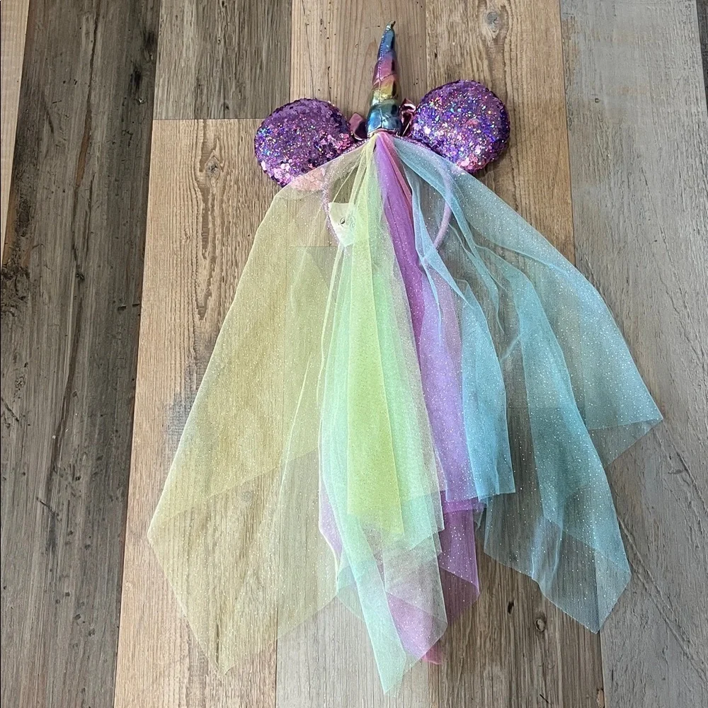 Disney Parks Minnie Mouse Ears Pink Purple Sequin Unicorn Rainbow Veil Headband